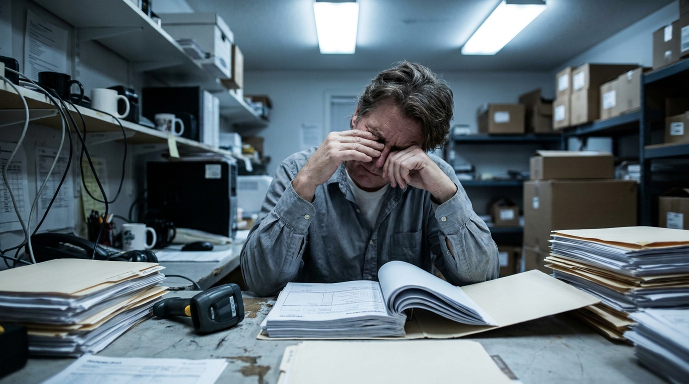 A fleet office worker reviews a stack of printed damage report forms at a desk.